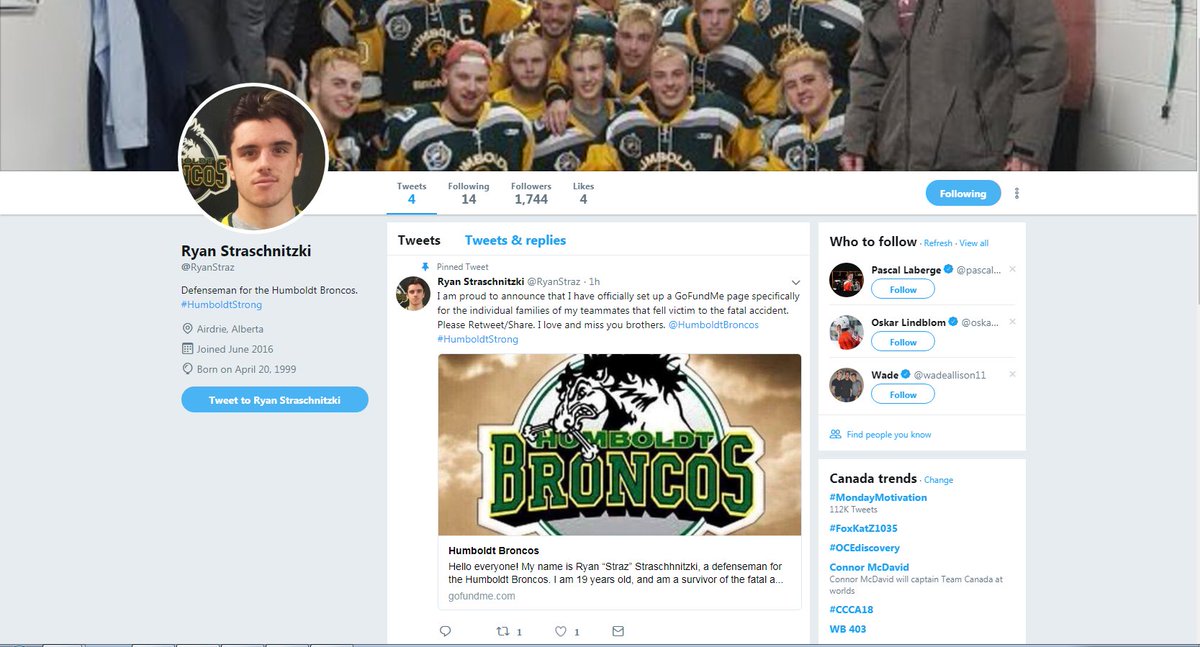 HEADS UP: Somebody has set up a fake account pretending to be Ryan Straschnitzki (<a href="/rstraz_/">Ryan Straz</a>) and is looking to get people to donate to a GoFundMe account. #YXE #HumboldtBroncos #HumboldtStrong <a href="/GlobalSaskatoon/">Global Saskatoon</a> <a href="/strazsr/">Tom Straz</a>