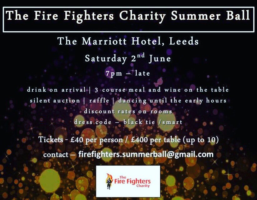 FFSummerBall's tweet photo. 5 weeks to go!!! Don't miss your chance at purchasing tickets - 3 weeks until ticket sales close! #firefighterscharity #leeds #otley #wyfrs #charity #summerball #fundraiser #blacktie #ball #themariott #charityevent @WYFRS @firefighters999 @StrayFM https://t.co/xOG0sReQcf