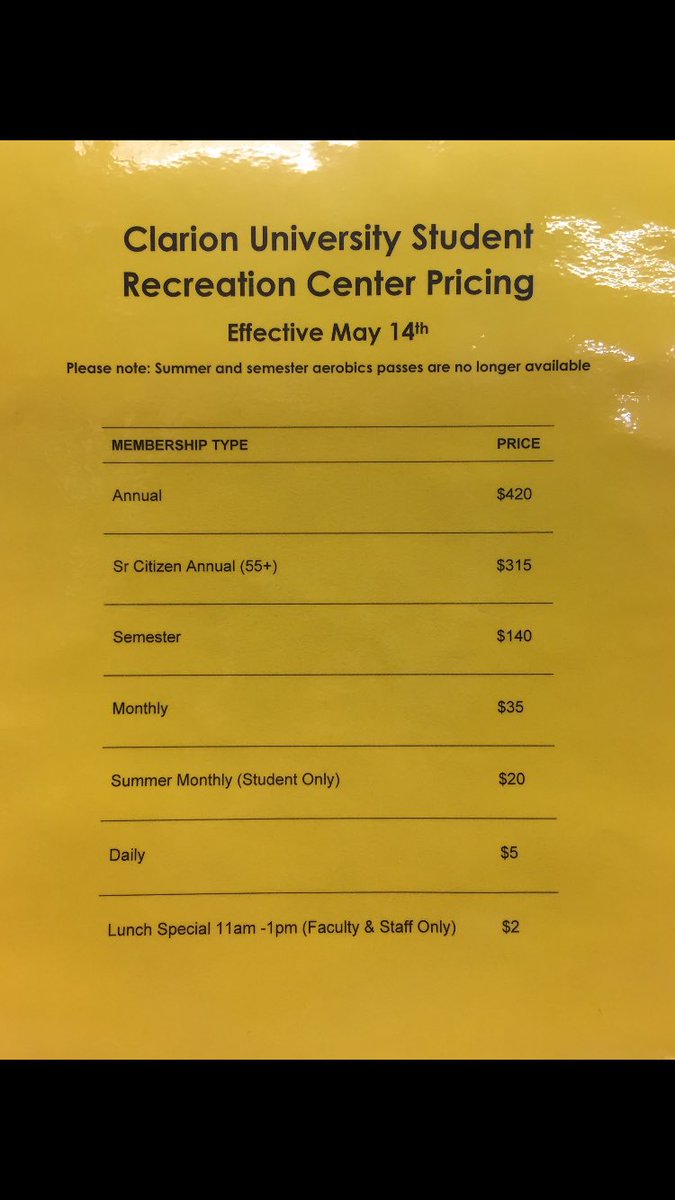 ClarionURec's tweet photo. Effective May 14th, 2018, the Rec Center will be changing some of its pricing. 
“Restricted” memberships are no longer available, as well as summer and semester aerobics memberships.
Thank you for your cooperation! 🦅 https://t.co/SoFoxYQnas