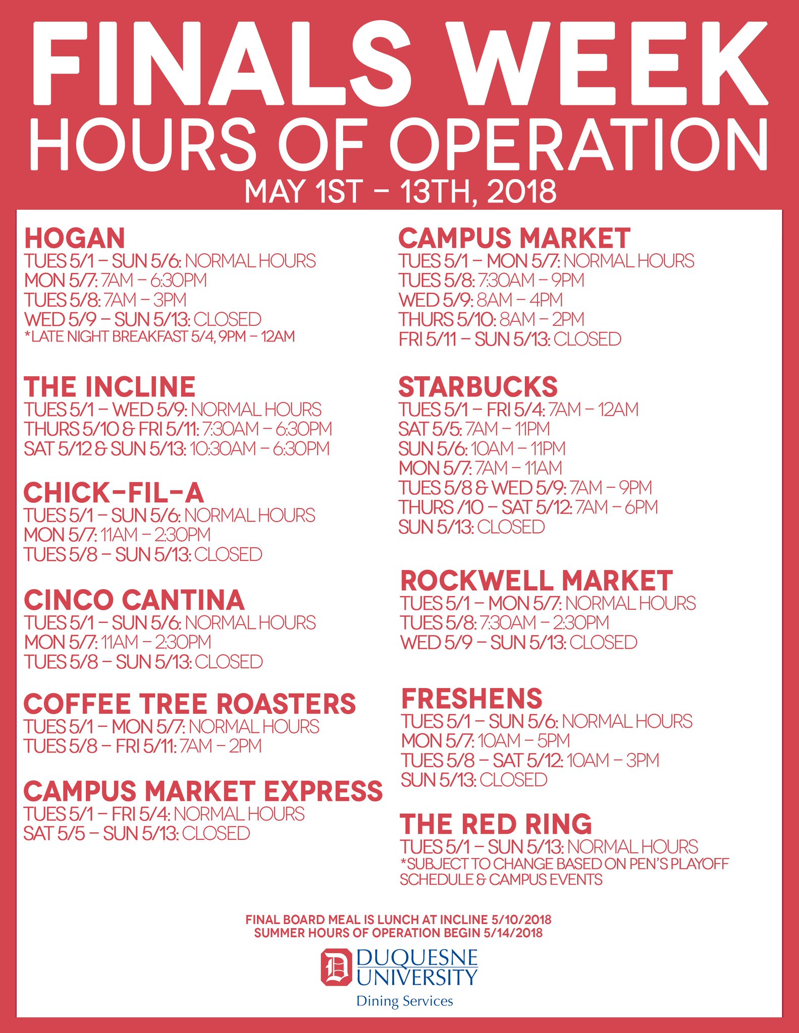 Duquesne Dining on Twitter "Here are our hours of operation for Finals