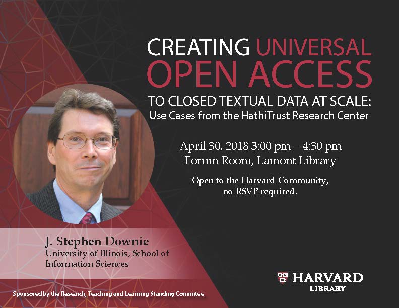 harvardmusiclib's tweet photo. TODAY, 3:00-4:30, Lamont Library Forum Room
Stephen Downie, "Creating universal open access to closed textual data at scale: Use cases from the @hathitrust Research Center" https://t.co/9XrjaZGSKA