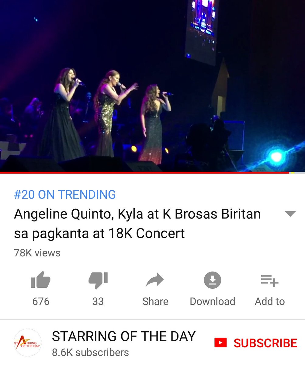 KKBtayo's tweet photo. #18KConcert @kbrosas Trending sa #Youtube
* Trending at #13 - Number with @jayasoul &amp; @zsazsapadilla 
* Trending at #20 - Number with @loveangelinequinto
&amp; @kylaalvarez 
* Trending at #50 - Duet with Ms. @reginevalcasid https://t.co/c5x3njM2S6