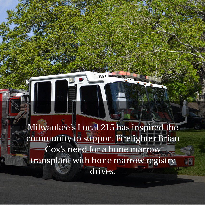 marrow_match's tweet photo. Milwaukee's Local 215 has energized the community to help recruit bone marrow donors to support Firefighter Brian Cox and his need for a lifesaving bone marrow transplant. These firefighters are saving lives even when they're not fighting fires! https://t.co/01H6vZILmk