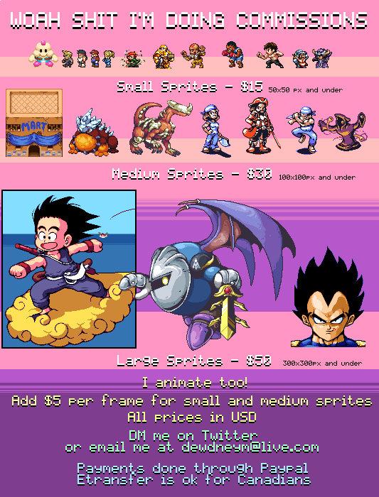 Dewndeym's tweet photo. Hey y'all since I'm back to freelancing full time I decided to put together a commission sheet.
If you need any nice pictures made with squares I'm your man! Just hit me up in my DMs or via Email (dewdneym@live.com).
#pixelart https://t.co/xPHtEby5KJ