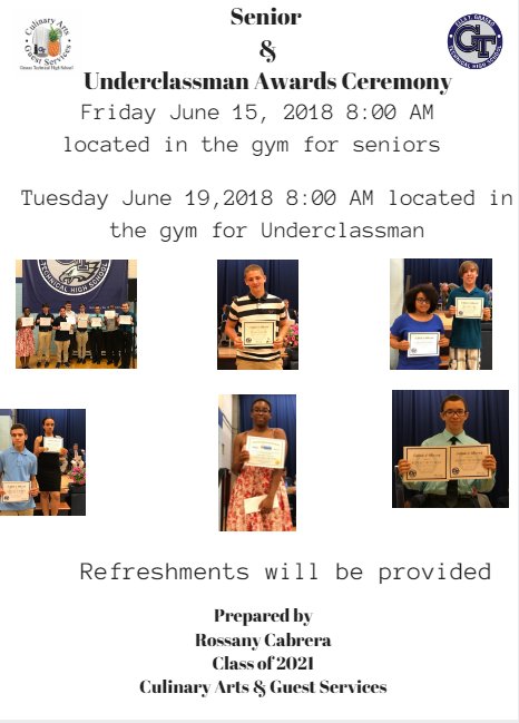 GrassoTech's tweet photo. Save the date - Good luck to all the nominee’s that have an chance at winning on award on Friday June 15, 2018 at 8:00 AM for underclassman and Tuesday June 19, 2018 at 8:00 AM for seniors both of these events will be held in the gym of Grasso Tech #GrassoTech #Awards #Ceremony https://t.co/WG6xssu3iY