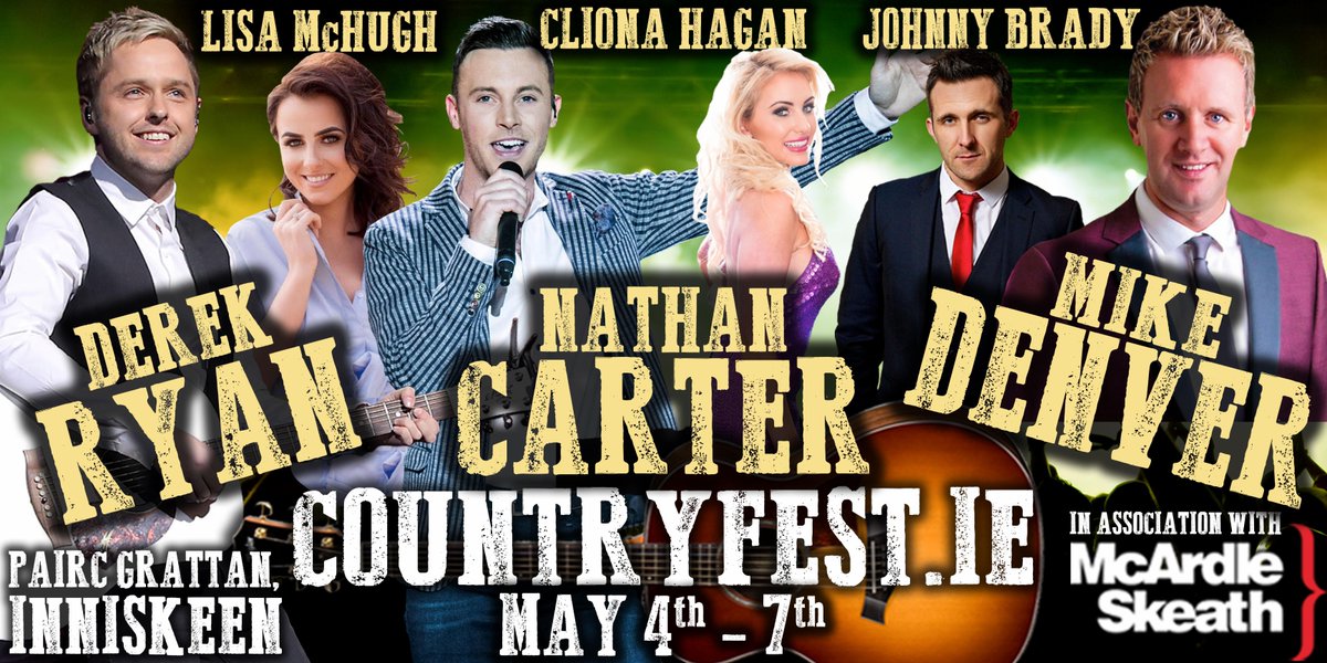 #Tickets are ON SALE NOW for <a href="/CountryFestIE/">Countryfest.ie</a> w/ <a href="/derekryanmusic/">Derek Ryan</a>  <a href="/iamNATHANCARTER/">nathan carter</a>  <a href="/MikedenverMike/">Mike Denver Music</a>  <a href="/LisaMcHughx/">Lisa McHugh</a>  <a href="/ClionaHagan/">Cliona Hagan</a> &amp; <a href="/_JohnnyBrady/">Johnny Brady</a> at Pairc Grattan this WEEKEND 4-6 May  🤠 bit.ly/2r5ZG7l