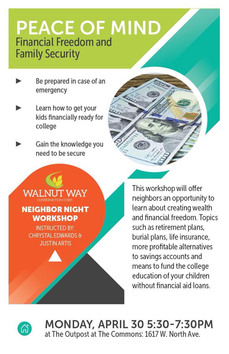 walnut_way's tweet photo. TONIGHT - Neighbor Night - Financial Freedom and Security
► emergencies
► college
► retirement
► life insurance
*please note: location is at The Outpost at The Commons - 1617 W. North Ave.
#WEALTH #wellnessworkwealth #neighbornight #walnutway #IWC #financialsecurity https://t.co/jgJolZulgO