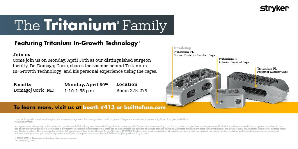 stryker_spine's tweet photo. Don't miss our Lunch-and-learn featuring Dr. Domagoj Coric discussing the science behind Tritanium In-Growth Technology at 1:10p.m. Room 278-279. #Stryker #Spine #TritaniumExperienceit @AANSNeuro https://t.co/BTdfdKlFNX