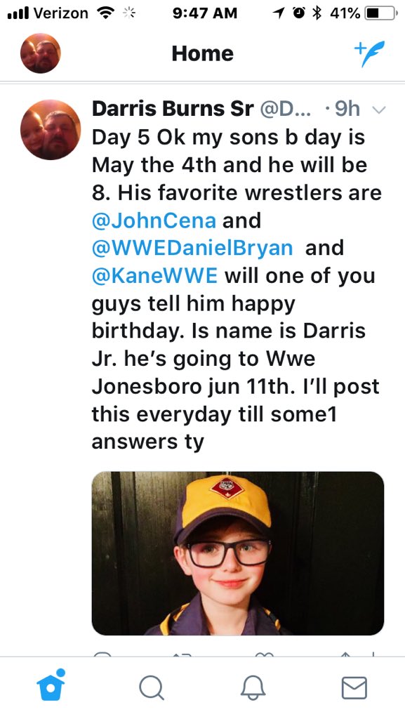 DarrisBurns's tweet photo. Been trying for 5 days I know Wwe superstars are busy by this is one thing my son asked for. Is a Wwe superstar to tell him happy birthday. So as a dad I have to try. So if someone can help me. Or if they want to tell him happy b day. @BellaTwins  @mikethemiz @TheRock https://t.co/eWWDV5a5l8