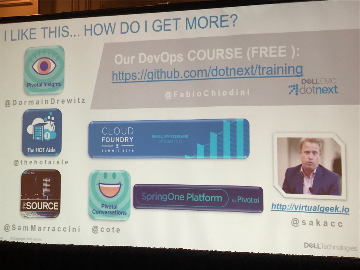 FabioChiodini's tweet photo. #SpoilerAlert for my session at #DellTechnologiesWorld ;) If you are not coming (I’ll have a repeat on Thursday :P) please check out these great resources , special thanks to @sakacc @DormainDrewitz @SamMarraccini @cote @thehotaisle @s1p @cloudfoundry https://t.co/8ToN1u0qoi