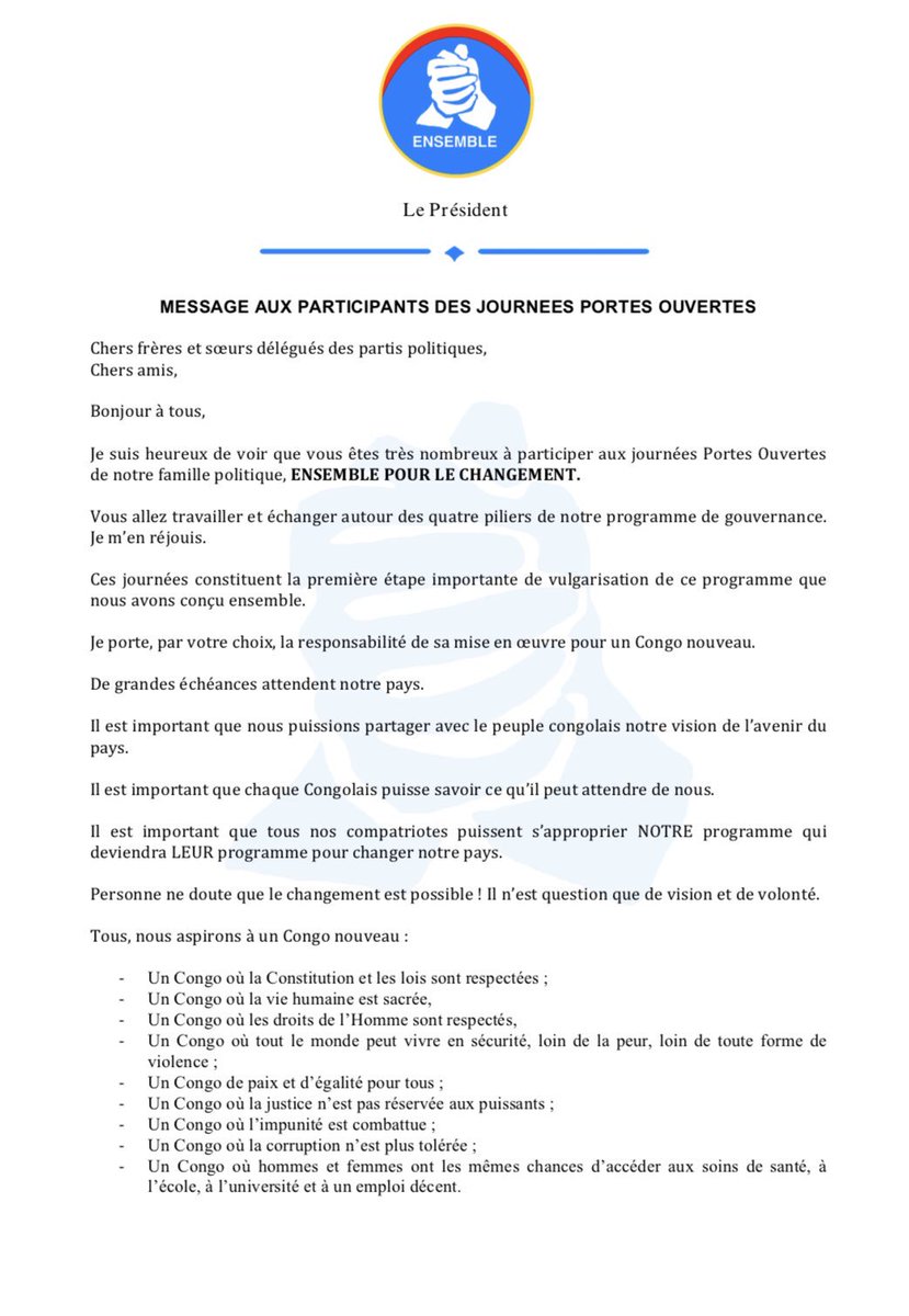 moise_katumbi's tweet photo. Je salue le démarrage des journées portes ouvertes consacrées à la vulgarisation du programme @Ensemble_MK ! 
Notre priorité : ramener la paix &amp; la sécurité à travers toute la #RDC. Ensemble, nous mettrons un terme aux violences &amp; honorerons nos morts. Toute vie est sacrée ! https://t.co/Iel1KwovM1