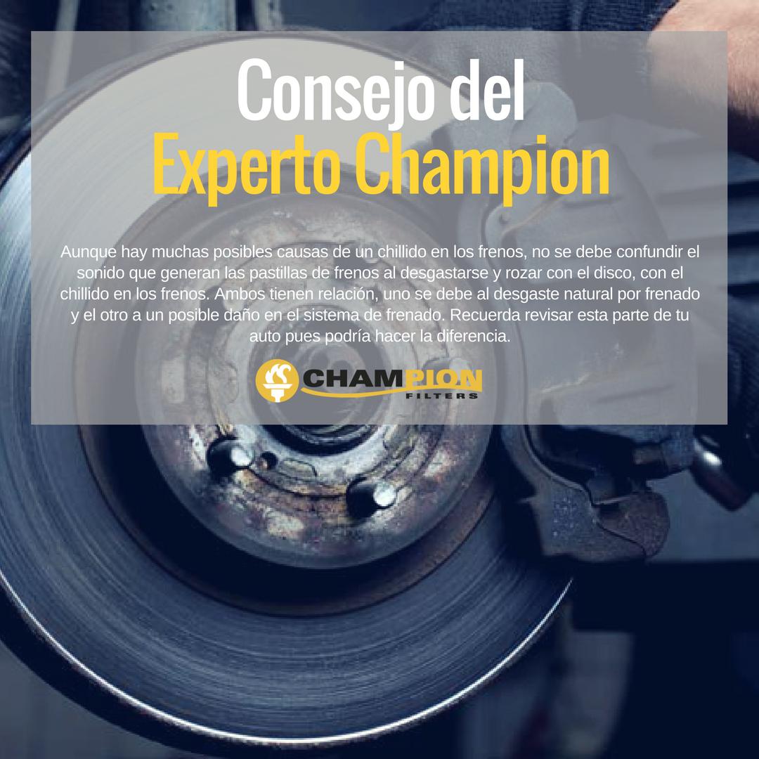 FiltrosChampion's tweet photo. #ExpertoChampion Después de identificar el sistema de frenado, algunas de las posibles causas para un problema en él pueden ser: incremento de temperatura en frenos nuevos, vibraciones entre pastillas y discos, polvo, grasa y humedad o baja calidad en las pastillas de freno. https://t.co/5OJ69bbfjf