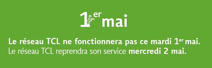 TCL_reseau's tweet photo. ⚠ Le réseau TCL ne fonctionnera pas le 1er mai. ⚠
Retour à la normale mercredi 2 mai.
+ d'infos 👉https://t.co/YVlbQ8LBN1 https://t.co/4kRpeS72cM