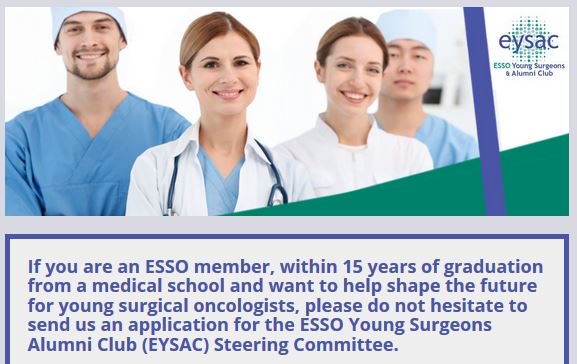ESSOnews's tweet photo. EYSAC was created to help #juniorsurgeons play an active role in the future of #surgicaloncology. Don't miss your chance to join the #EYSAC Steering Committee. 3x positions open now! More here: https://t.co/W6ZZcogxsx https://t.co/gGPcAgAW6w