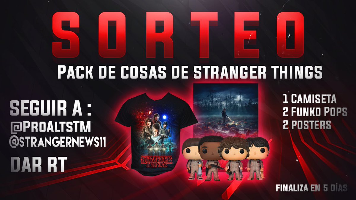 ProGamesTM's tweet photo. 📢💥SORTEAMOS 1 CAMISETA, 2 FUNKO POPS Y 2 POSTERS de STRANGER THINGS 

Requisitos⤵

Haz RT🔁, Y Sigue a @ProAltsTM y @StrangerNews11 

Finaliza: 05/05/18 https://t.co/jAVfiBuzAc