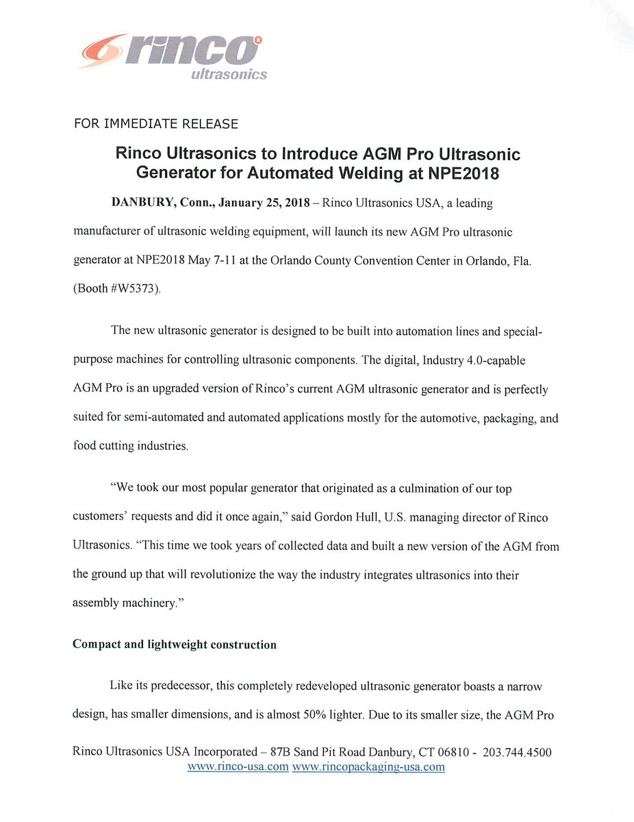 Rincousa's tweet photo. Stop by Booth #W5373 @NPE2018 and see the newest products from Rinco Ultrasonincs #ultrasonics #plasticwelding https://t.co/vqXPCRRuTn
