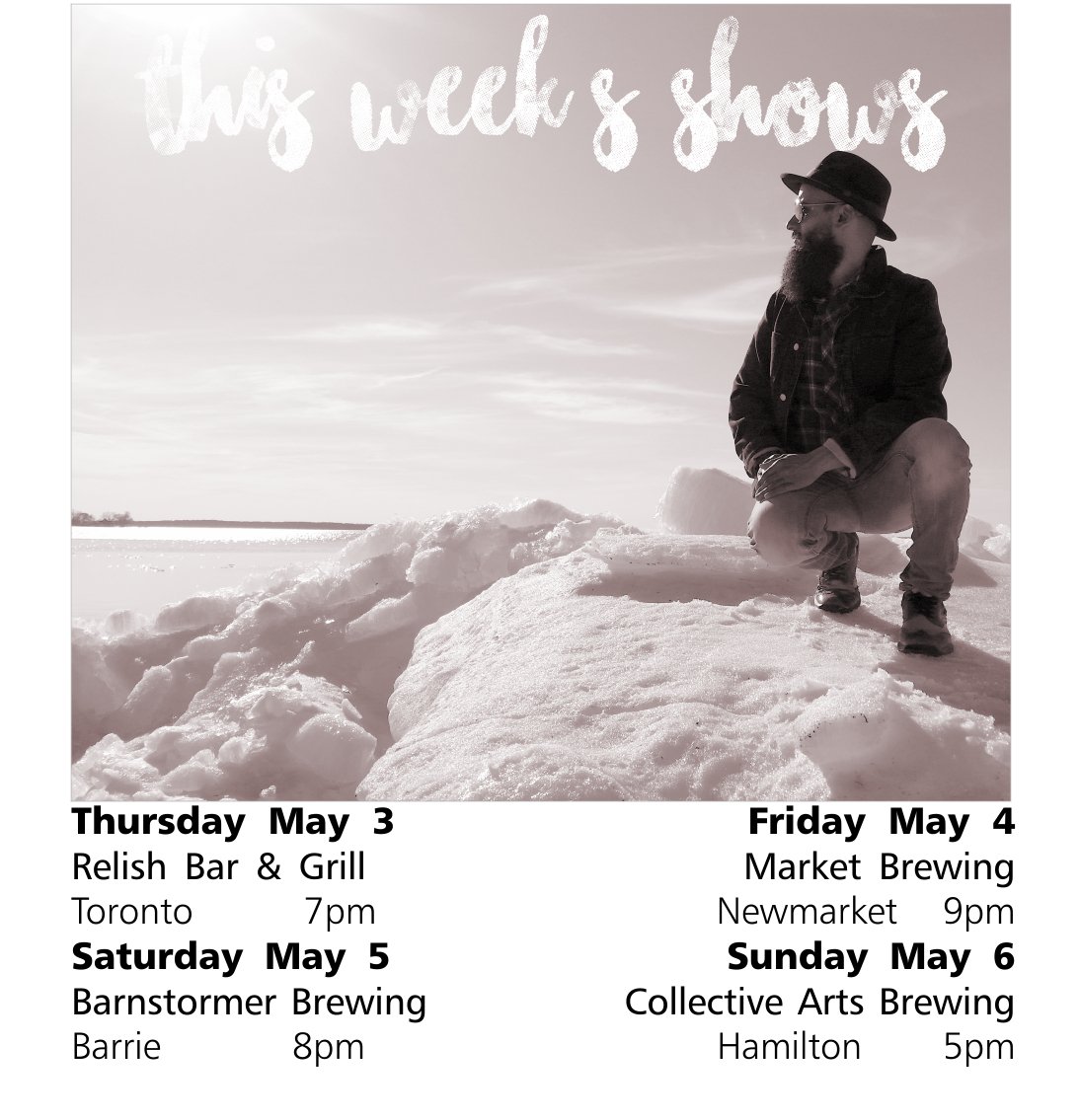 Coming Up This Week
Thursday May 3 @RelishToronto 
Friday May 4 <a href="/MarketBrewing/">Market Brewing Co.</a> 
Saturday May 5 <a href="/BarnstormerBeer/">BarnstormerBrewingCo</a> 
Sunday May 6 <a href="/CollectiveBrew/">Collective Arts</a>