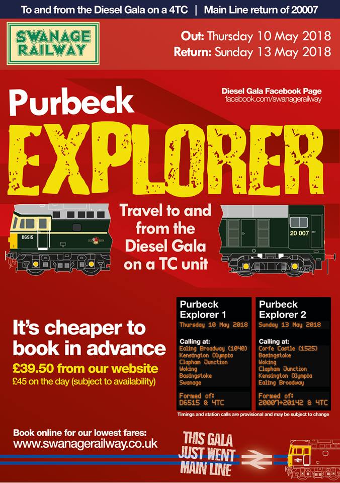 SwanRailway's tweet photo. Seats Still Available Thursday 10 May 2018 Purbeck Explorer 1 Ealing Broadway to Swanage calling at Kensington Olympia, Clapham Junction, Woking and Basingstoke before a non stop run to Swanage. Β£39.50 One Way Booked In Advance https://t.co/UXzfilYtHS https://t.co/ROSxRldwMC
