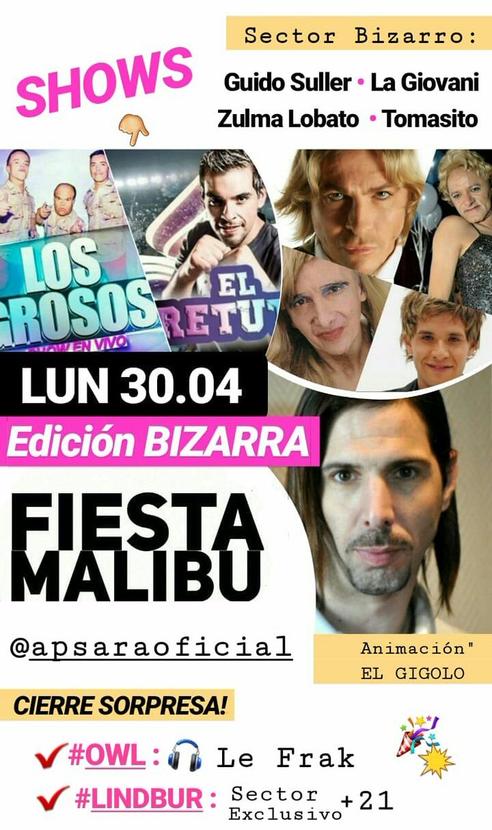EmilianoKabe's tweet photo. 🌴 @FiestaMalibu 🌴
EDICIÓN BIZARRA❗
#Lindbur🍒: único sector exclusivo para mayores de 21 años.
#LUNES: de 16 a 19 > ÚLTIMO DÍA DE VENTA❗En @ApsaraOficial.
¡Nos vemos ahí! https://t.co/Jt6eSVsQWA