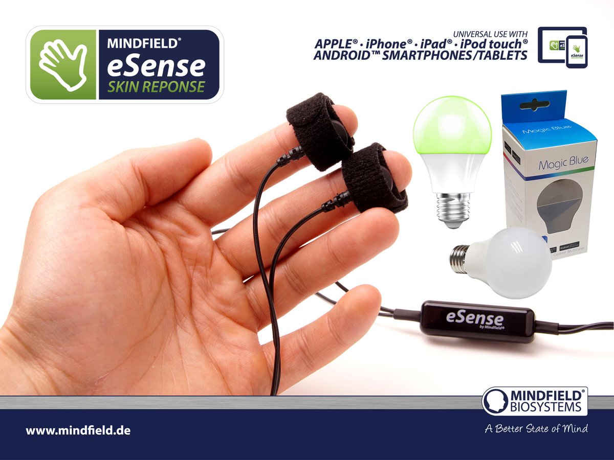MindfieldBioSys's tweet photo. New eSense App Update supporting Magic Blue Smartbulb! 
Now you can change the light of your room with Biofeedback! Changes in measurement of Galvanic Skin Response or Skin Temperature are changing the color and brightness of a bluetooth controlled smart bulb. Check it out! https://t.co/Q4w6uocnT0