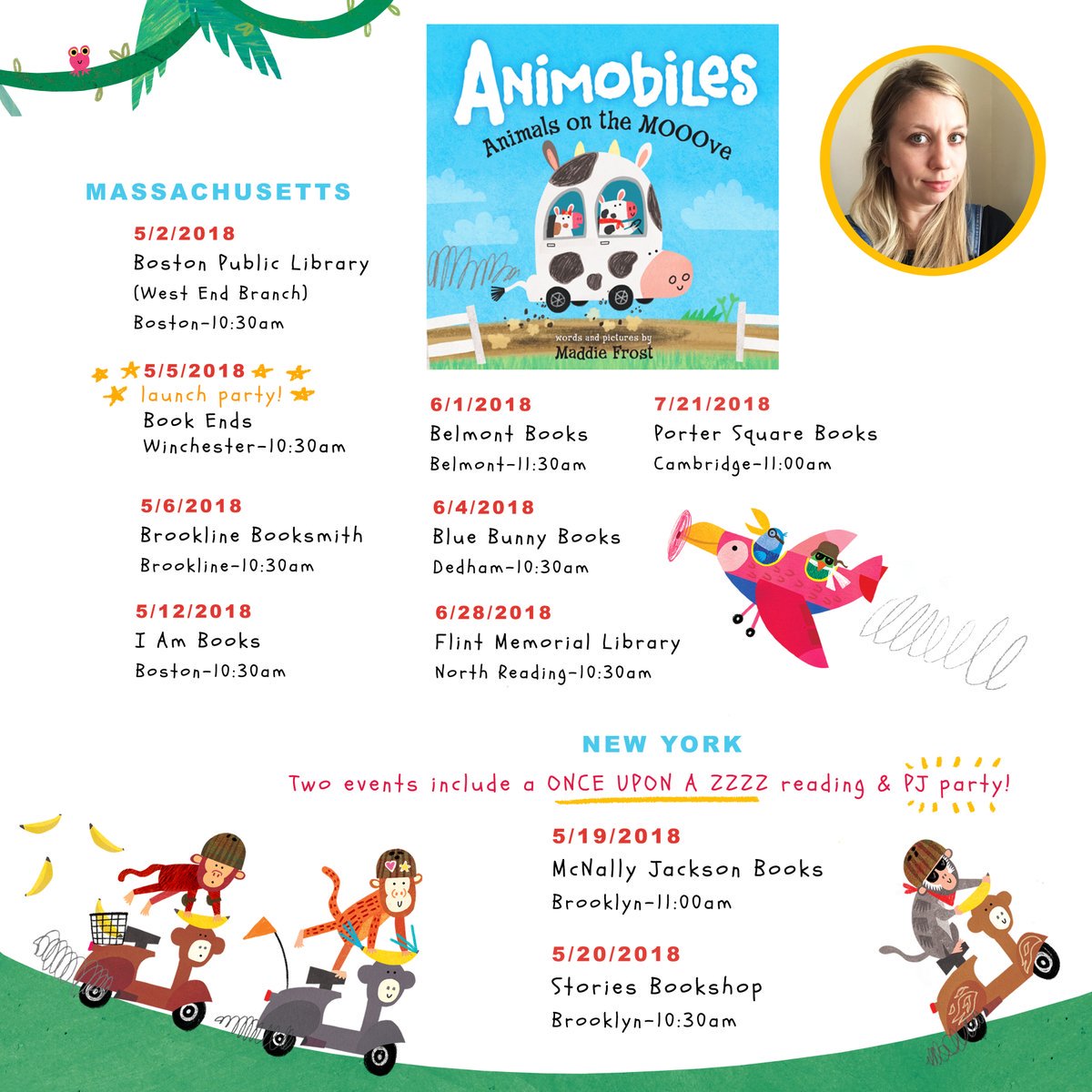 BrightAgencyUS's tweet photo. Massachusetts and NYC, @_maddiefrost is coming to a storytime near you! Check out her tour poster for #Animobiles and #OnceUponAZZZZ events🐄🚗💤 #BrightReads @Sourcebooks @AlbertWhitman https://t.co/Hnpj5pMzfA