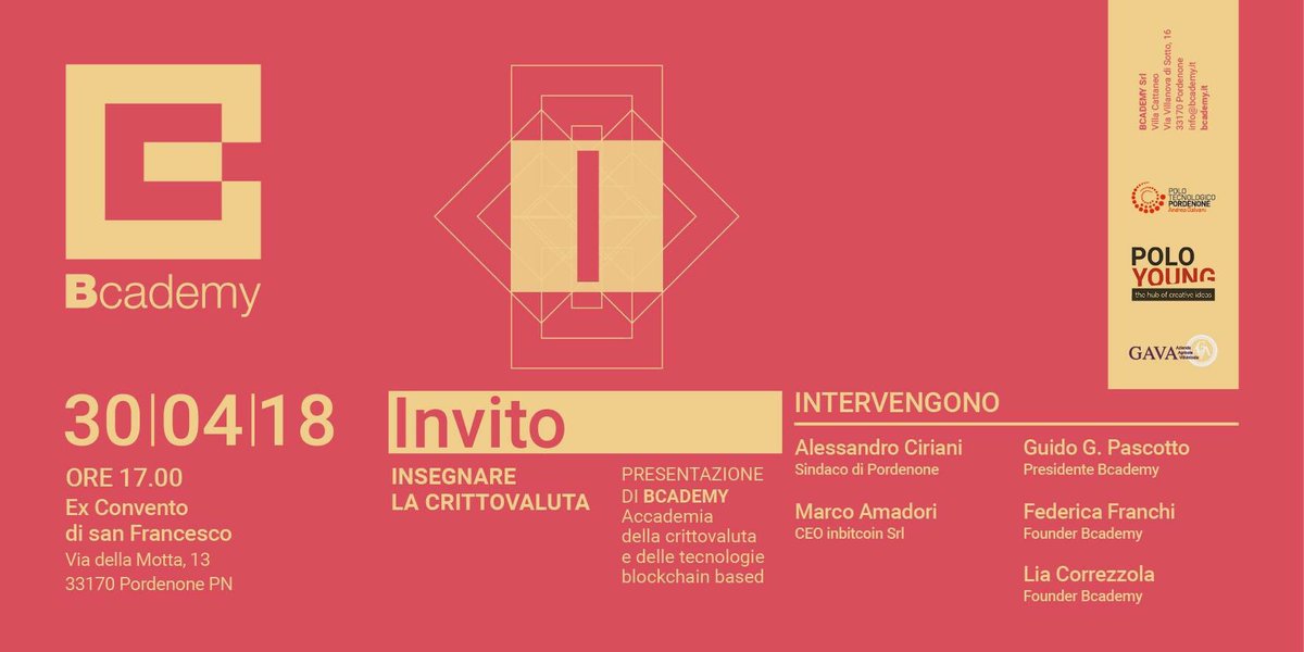 Nasce a #Pordenone <a href="/BcademyIT/">Bcademy</a> la prima accademia in #Italia e non solo per formare su #bitcoin e tecnologie #blockchain. #innovazione #fintech