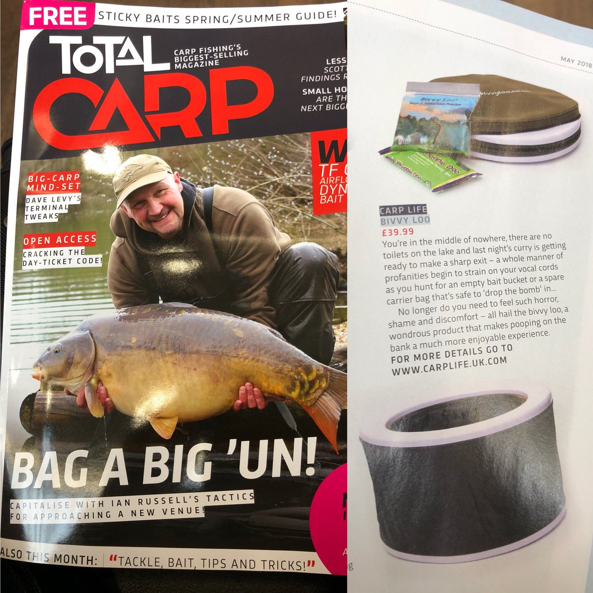CarpLifeProd's tweet photo. Thumbing through the May edition of Total Carp (out now) and stumbled across a little piece on the Bivvy Loo... thanks guys #totalcarp #totalcarpmagazine #carplife #carp https://t.co/nDEe5pB2OQ