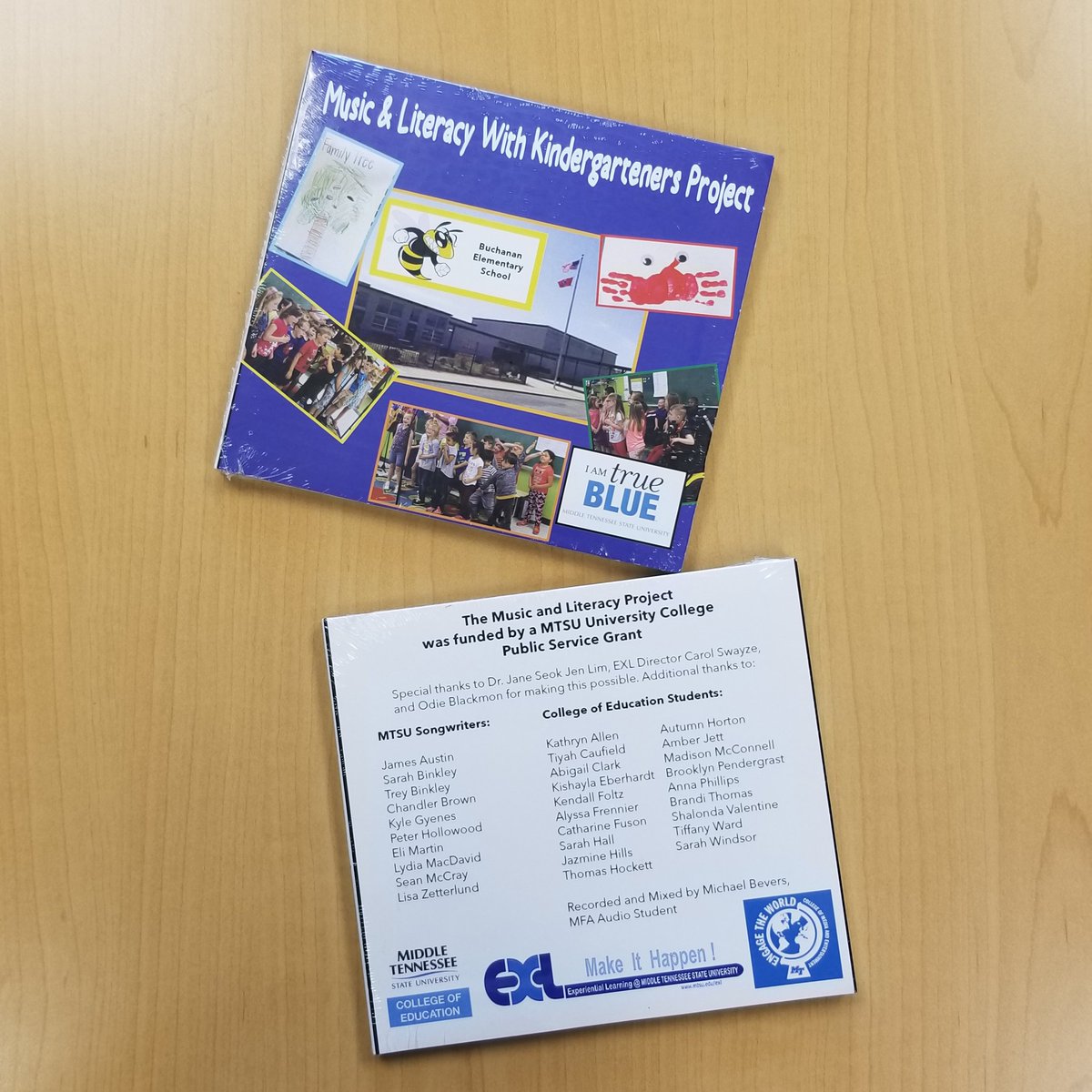 MTEngage's tweet photo. Students in Odie Blackmon's Songwriting Practicum course and Dr. Jane Seok Jeng Lim's Effective Instruction (Birth-5) course worked with kindergarteners at Buchanan Elementary School to create this CD. What a great way to combine MT Engage and EXL! #MTSU #MTEngage #EXL #RIM https://t.co/xFg98uyGz7