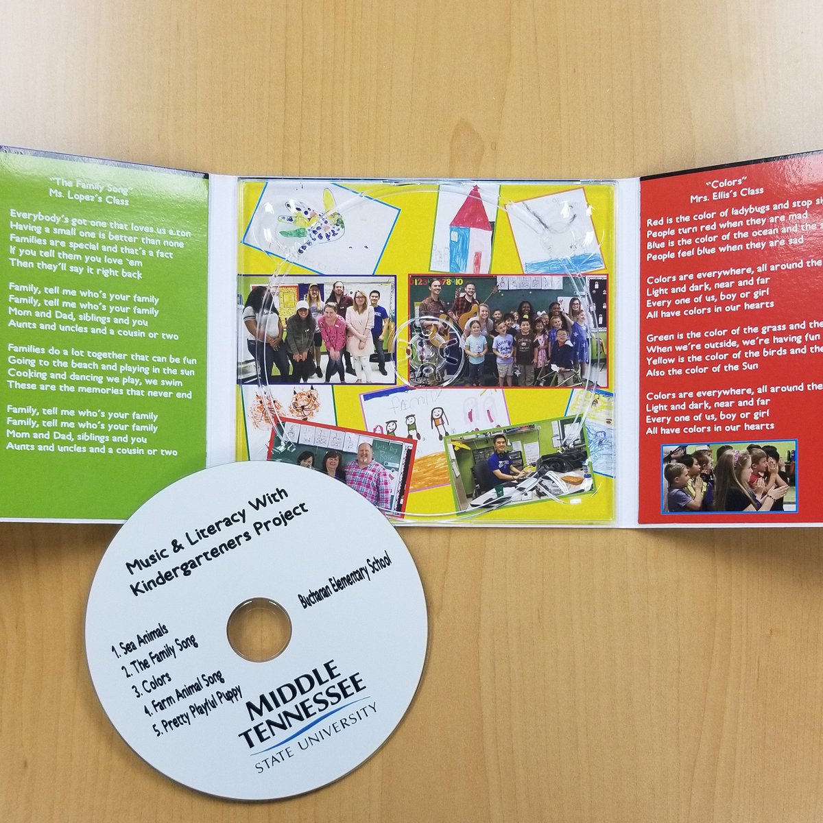 MTEngage's tweet photo. Students in Odie Blackmon's Songwriting Practicum course and Dr. Jane Seok Jeng Lim's Effective Instruction (Birth-5) course worked with kindergarteners at Buchanan Elementary School to create this CD. What a great way to combine MT Engage and EXL! #MTSU #MTEngage #EXL #RIM https://t.co/xFg98uyGz7