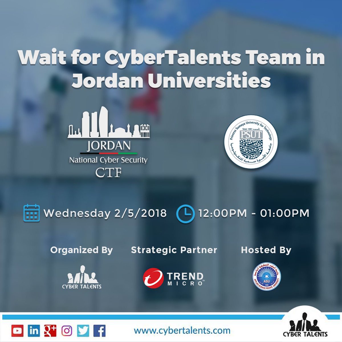 Cyber_Talents's tweet photo. CyberTalents Team will be at PSUT University (Amman)
#jordan
#CTF 
#Cybersecurity 
#CyberTalents 
#Trend_Micro 
#Infosec
#Jordan_Universities https://t.co/GlJ6kKL4M9