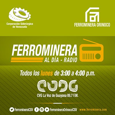 Ferrominera_CVG's tweet photo. Están cordialmente invitados a escuchar nuestro programa Ferrominera al Día-Radio, por @CVGLaVoz a las 3:00 p.m. https://t.co/sjn9uKbRZu