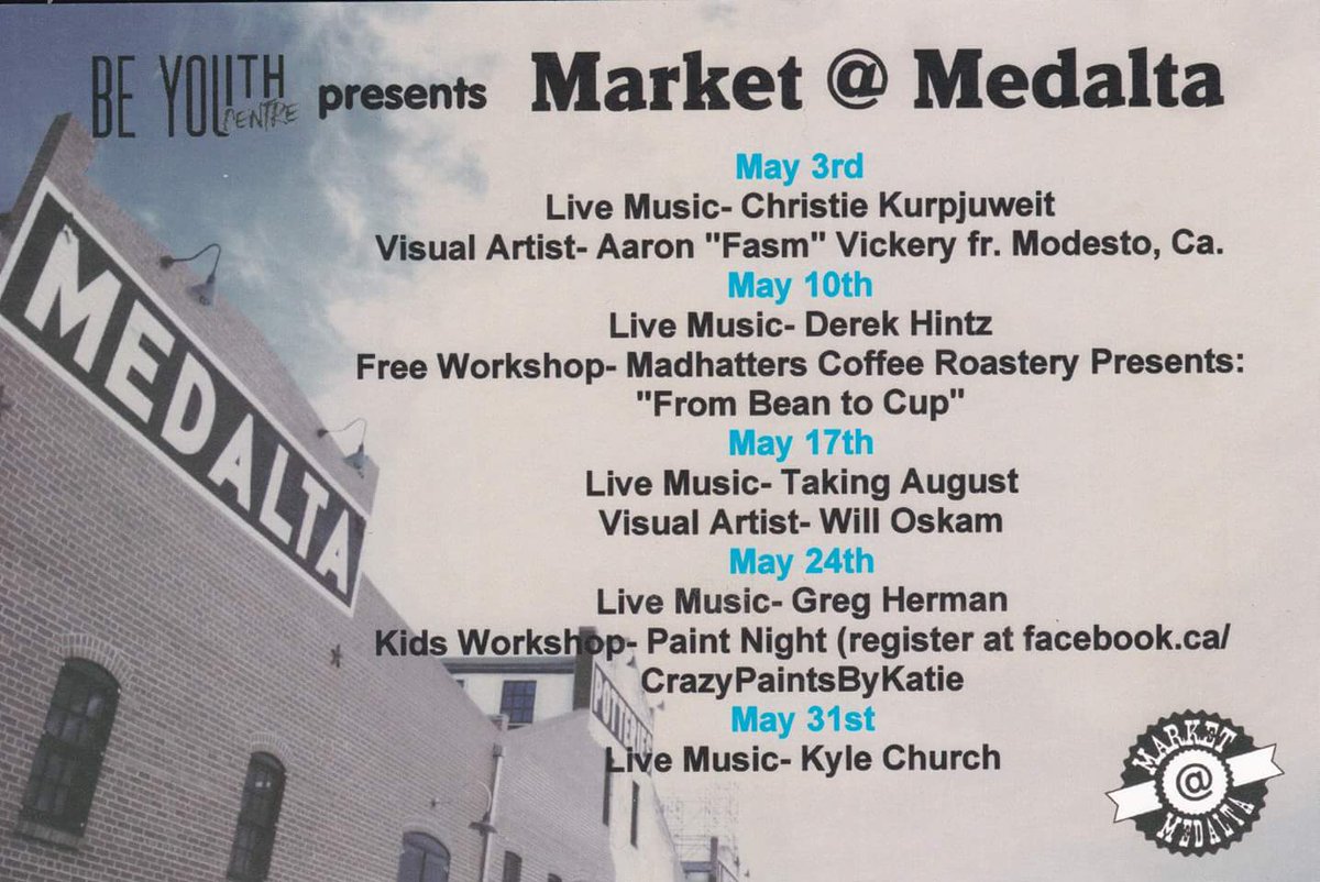 Get Ready #medhat .... we're back 
#THURSDAYS <a href="/MarketAtMedalta/">Market @ Medalta</a> 
Starting May 3rd   4:30pm - 8pm
Under new management by <a href="/BeYOUthCentre/">Be YOUth Centre</a> 
Check out the live #Entertainment. 
COME Help us #celebrate our #Reopening and catch up with your favorite #Vendors!
