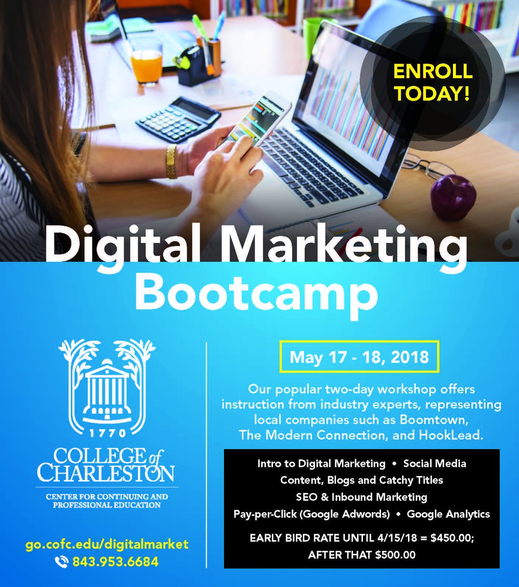 CofCalumni's tweet photo. Work in #marketing? Register for @CofC's Digital Marketing Boot Camp May 17-18! This popular workshop features industry experts representing local companies such as Boomtown, The Modern Connection, and HookLead. Sign up today: https://t.co/GX7O7geUWZ #CofCMeansBusiness https://t.co/hQlyLihyv6