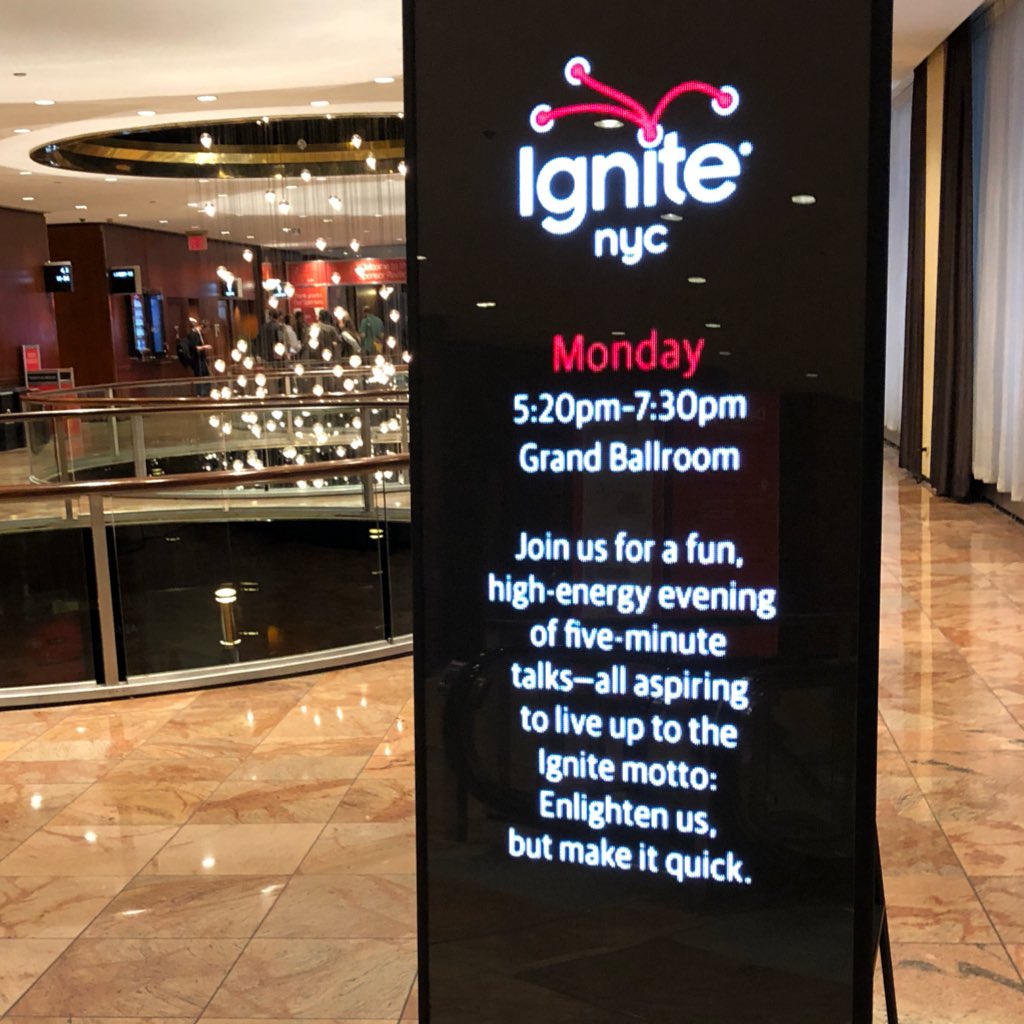 aallan's tweet photo. Kicking off my time at #TheAIConf with #IgniteNYC. Presenters get 20 slides, which automatically advance every 15 seconds. Enlighten us, but make it quick. https://t.co/ZBQtqCpxP8
