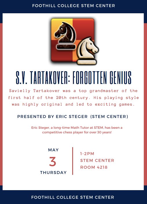 STEM_FH's tweet photo. STEM Chess Workshop     #iamfoohill
S. V. Tartakover: Forgotten Genius
Thursday May 3, 1-2pm, Room 4218
By Eric Steger

Savielly Tartakover was a top grandmaster of the first half of the 20th century. His playing style was highly original and led to exciting games. https://t.co/0Io16wSi4d