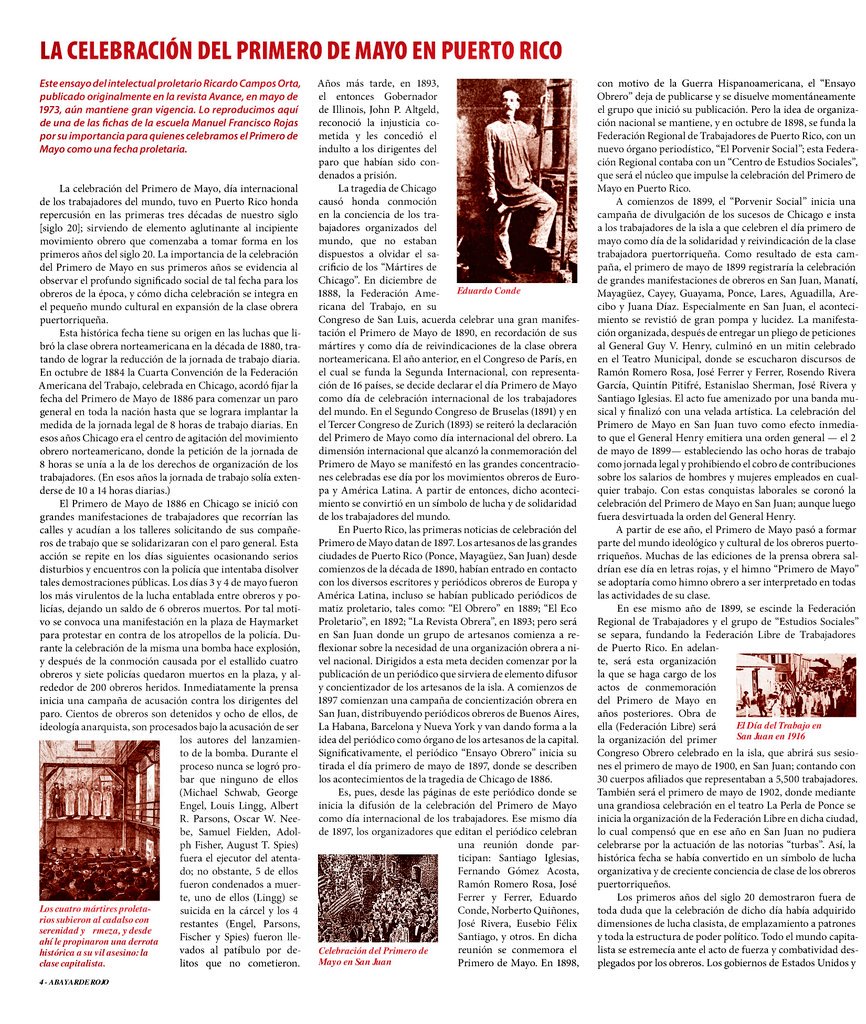 DonPedro912's tweet photo. ¿Cómo surgió la celebración del Primero de Mayo en Puerto Rico? Ensayo escrito por el historiador proletario Ricardo Campos en la edición de mayo 1973 de la revista Avance.
(Referencia: @AbayardeRojo)
#PuertoRico #El1roPARAMOS https://t.co/JT5ipxjhdq