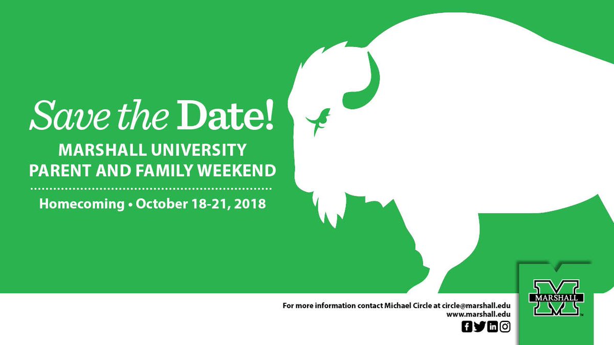 marshallu's tweet photo. Save the date, Marshall University Parent and Family Weekend will be October 18-21, 2018! Details will be released this summer. #MarshallUFamily https://t.co/lbctIDNDPS
