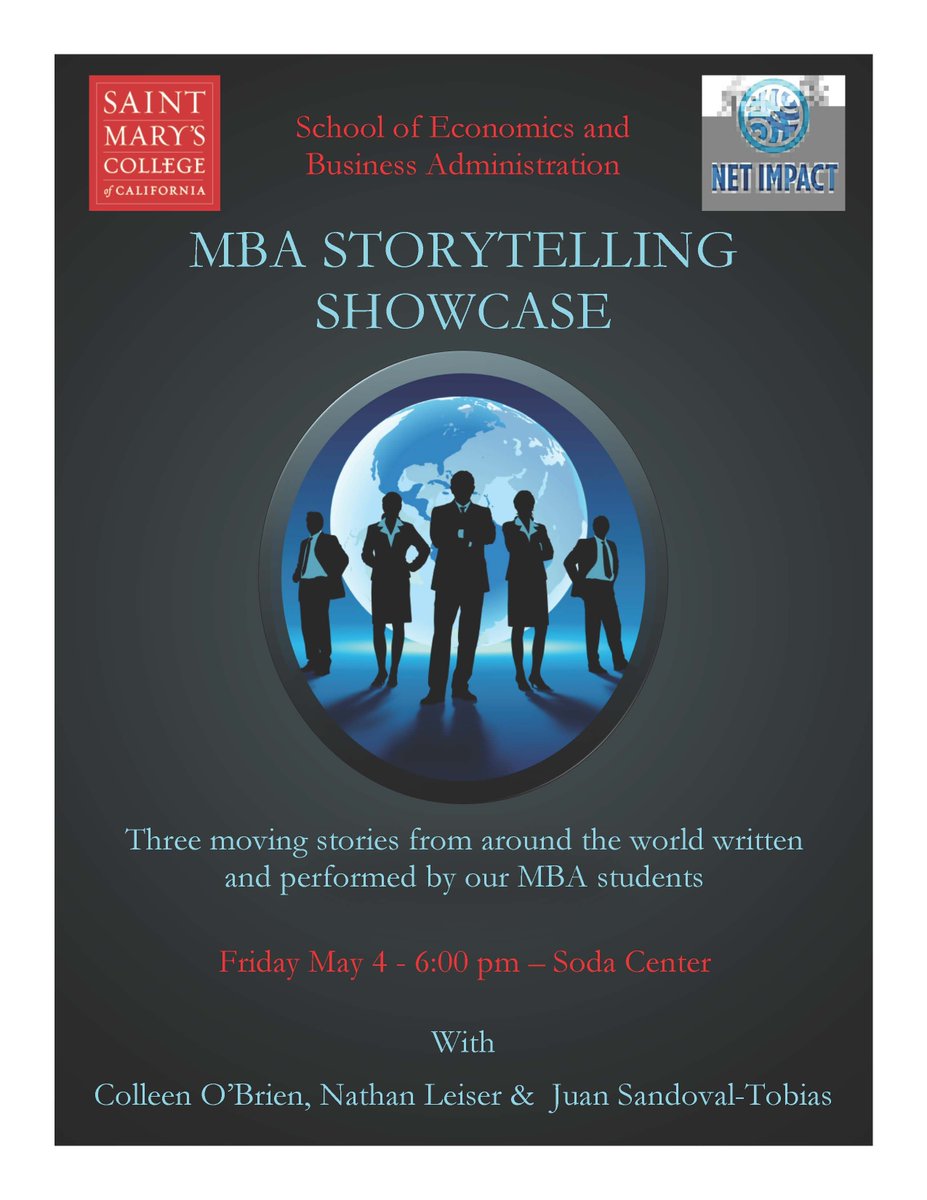 stmarysbusiness's tweet photo. Professor Marco-Aponte Moreno will be hosting SEBA's first MBA Storytelling showcase. Join us on May 4, 6 p.m. for three moving stories from around the world, written and performed by our MBA students. #omgsmc https://t.co/MEyCl4iRNs