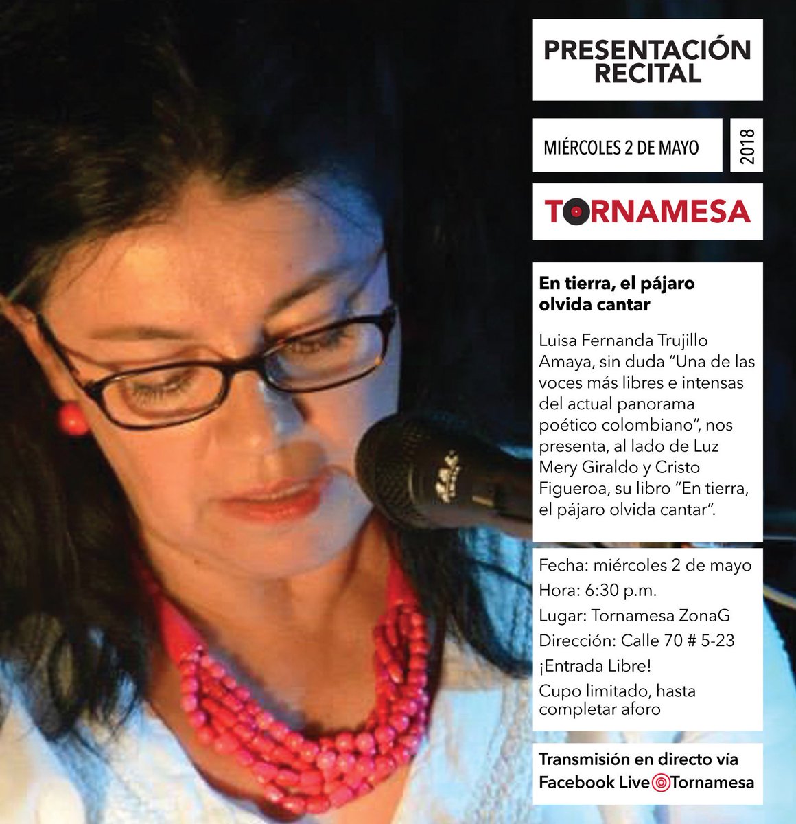 LaTornamesa's tweet photo. “En tierra, el pájaro olvida cantar”
Presentación del libro y recital de poesía de Luisa Fernanda Trujillo
Presentan Luz Mery Giraldo y Cristo Figueroa #EnLaLibreríaNosVemos
TORNAMESA #MásQueLibros
#LecturasDeAutor
#CulturaEnMovimiento https://t.co/ECsmpTYPbW