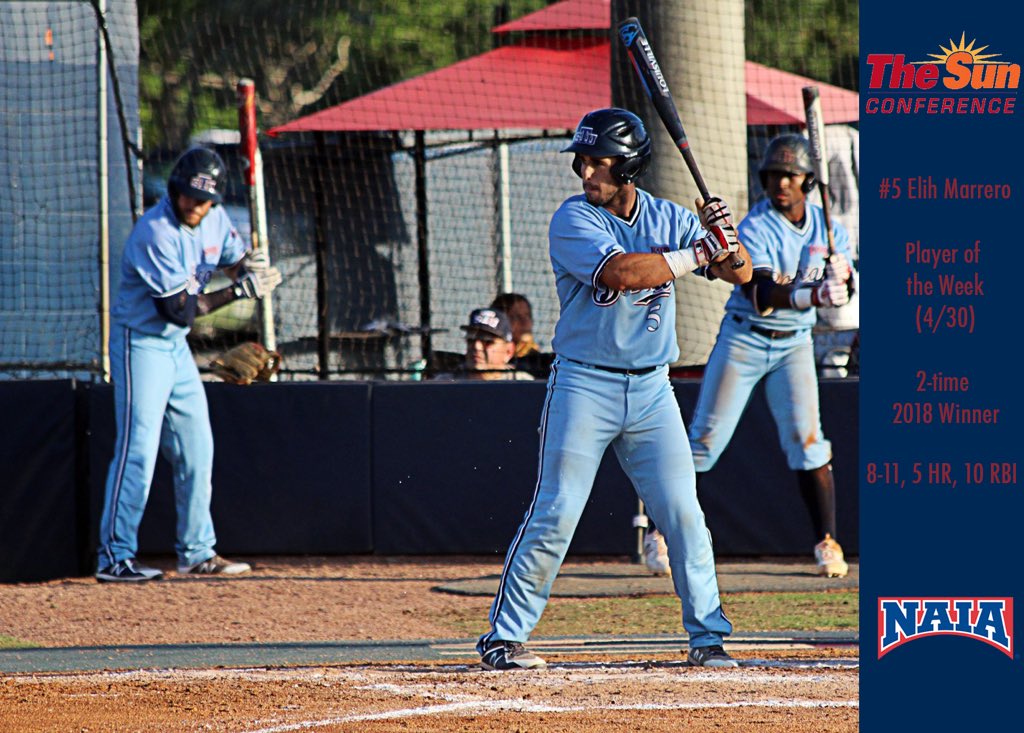 STU_Baseball's tweet photo. Congratulations to #BobcatsBaseball catcher, Elih Marrero on earning the Sun Conference Player of the Week. Marrero went 8-11, crushed five home runs and drove in 10 to earn his second nomination of the season #EThang #ThatGuyRakes https://t.co/DefqqxopEr