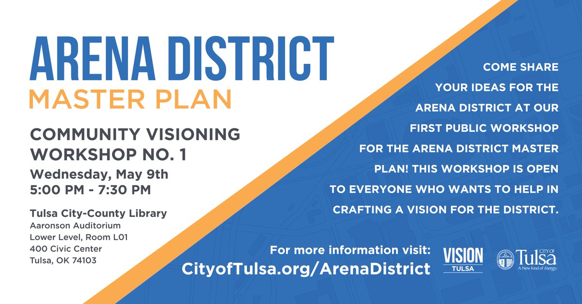 VisionTulsa's tweet photo. Join us next week as we start crafting a vision for the Arena District at our first Community Visioning Workshop for the Arena District Master Plan! Join us Wednesday, May 9th at the Tulsa City-County Library. Learn more at: https://t.co/TpioLJQHPn #ADMP #VisionTulsa https://t.co/DaKwjE12mb
