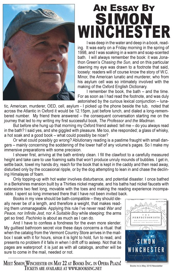 BooksIncStores's tweet image. We're going to have to follow @simonwwriter's tips on ablutionary reading! 🛀📚#SimonWinchester joins us May 22 at Books Inc. in Opera Plaza in celebration of his fantastic new work #ThePerfectionists
Full event info➡️simonwinchester.brownpapertickets.com