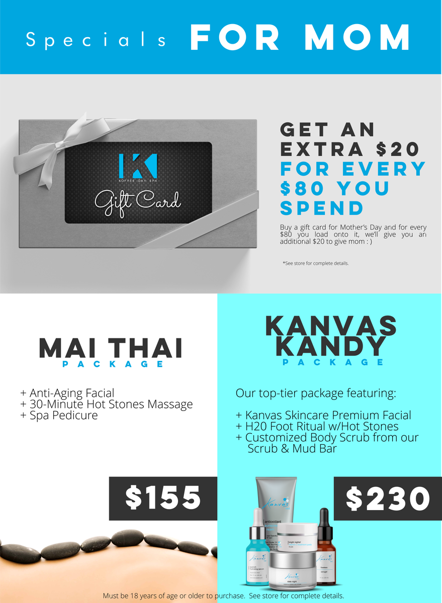 KoffeeDaySpas's tweet photo. Don't Miss Your Chance To Make This The Best Mother's Day Ever!

This year we have 3 specials to help show Mom how much you care:

Shop Now: https://t.co/DbCaWOMmks

#KoffeeDaySpa #DaySpaDallas #SkincareDallas #MothersDayGifts #SpaGiftCertificates https://t.co/5pnmjc9ZPn https://t.co/hDah21MTGE