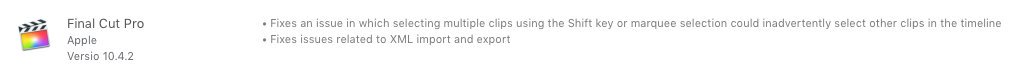 Yep. It's here!

FCPX 10.4.2 bug fix is out!

#FCPX Final Cut Pro #FinalCutPro