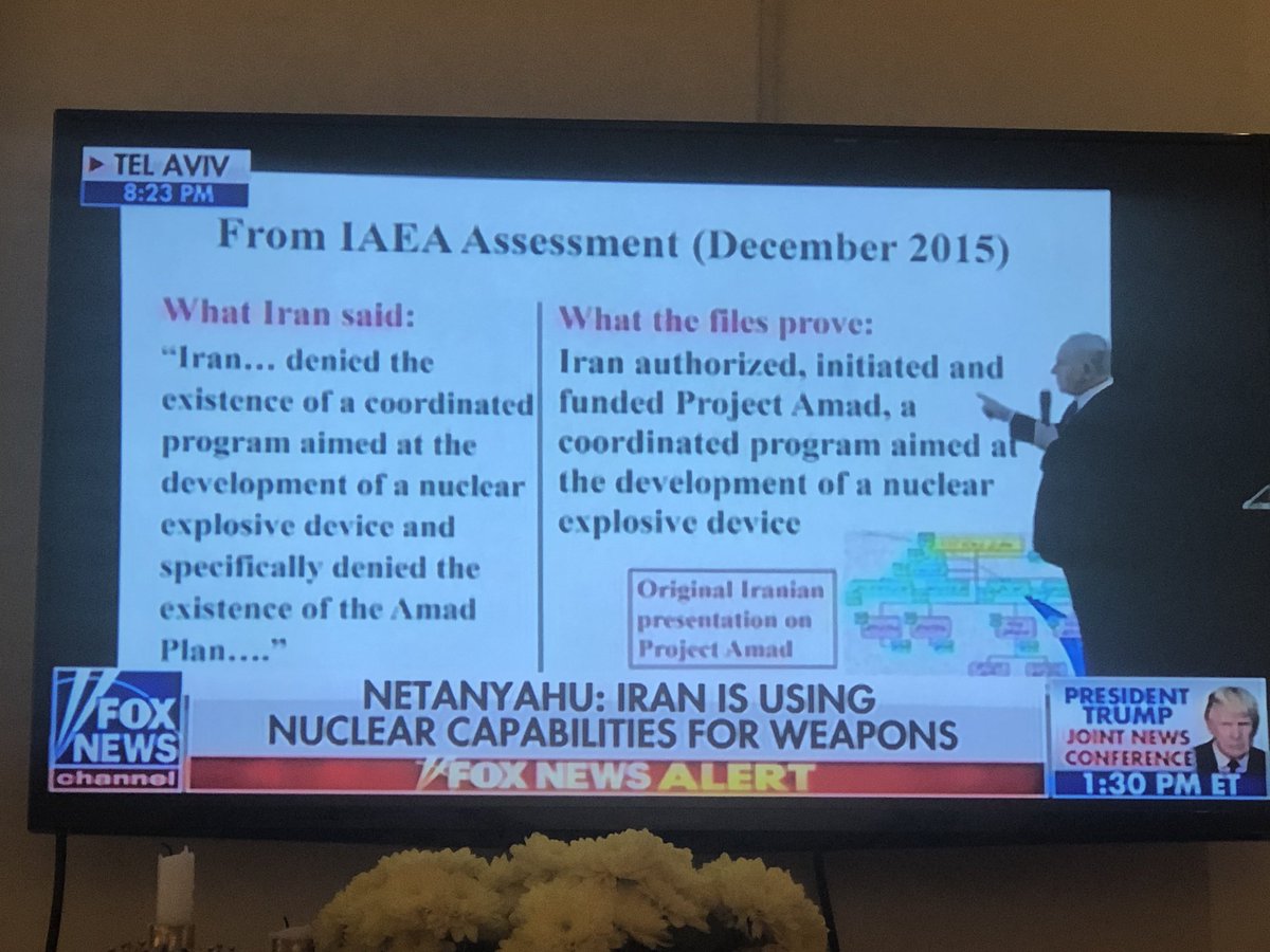 APaolozziMoore's tweet photo. Breaking: @netanyahu covers documents from Iran showing its nuclear programs are alive and well after JCPOA. #IranFiles Iran lied, breaches deal and continues to state “They never wanted to produce a bomb.” https://t.co/TJB56W1Aw3