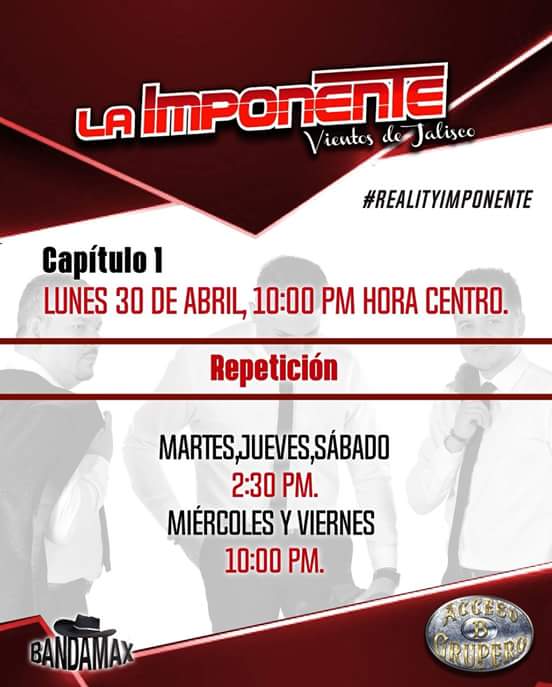 ClubDeQueSirvio's tweet photo. ¡Excelente Lunes #FansImponentes! ¡Hoy! no se pueden perder el primer capítulo del #RealityImponente 💕 a través de #Bandamax 👏🏻💕 en punto de las 10:00pm.

#AgaveProm 
#FamiliaImponente
#TeamDeQuéSirvió.❣
@laimponente @ClubDeQueSirvio @TvBandamax https://t.co/bopbEJdU3u