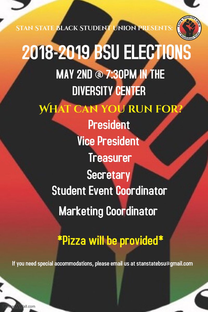 stanstatebsu's tweet image. Want to be a part of BSU’s Executive Board? Elections are this WEDNESDAY (5/02) at 7:30pm in the Diversity Center (located in the library on the second floor to the left). Check out the details on each position! There will be FREE PIZZA!!! Come and vote!