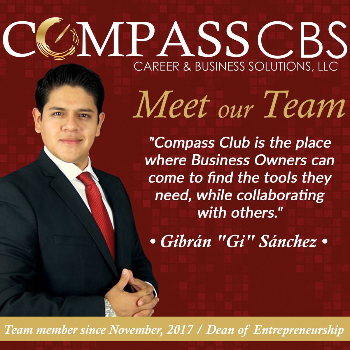 CompassCBS's tweet image. Happy Monday! Today is #MeetOurTeam day and we would like you to know more about Gibran Sanchez, Dean of Entrepreneurship at #CompassCBS. We are lucky to have such a #wonderful #team
#CompassCBSTeam💪
#CompassClub #BusinessSchool📚