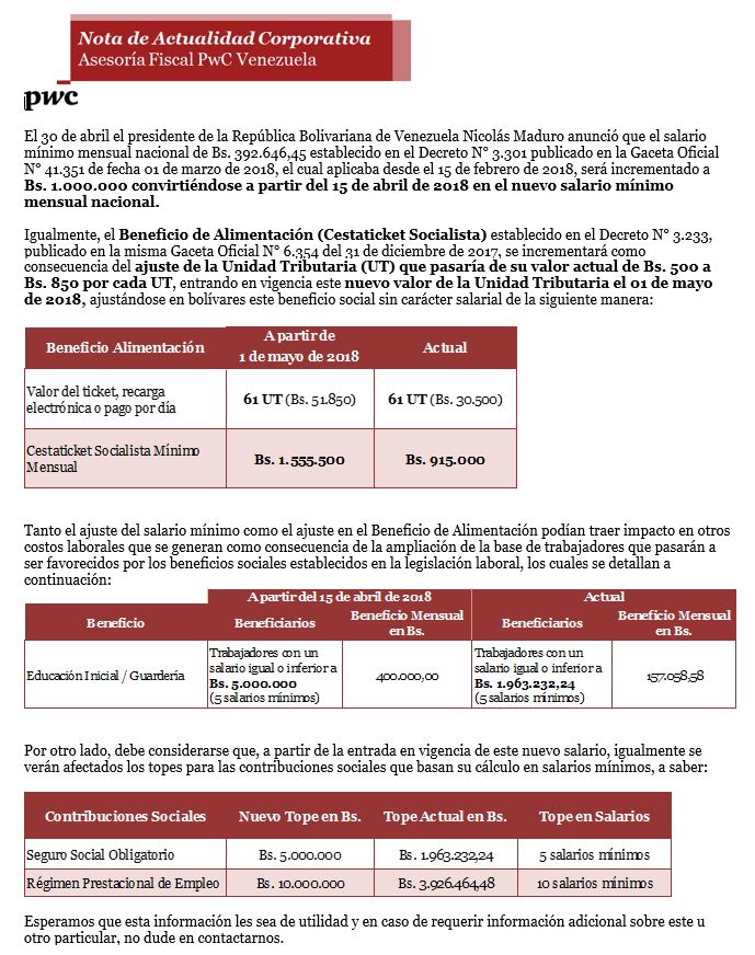azevedopaixao's tweet photo. Otros efectos laborales y tributarios del anuncio del aumento del #Salario Mínimo a partir del 15 de abril y del #Ticket Alimentación a partir del 01 mayo  2018 @PwC_Venezuela https://t.co/YXCRvQ7uOl
