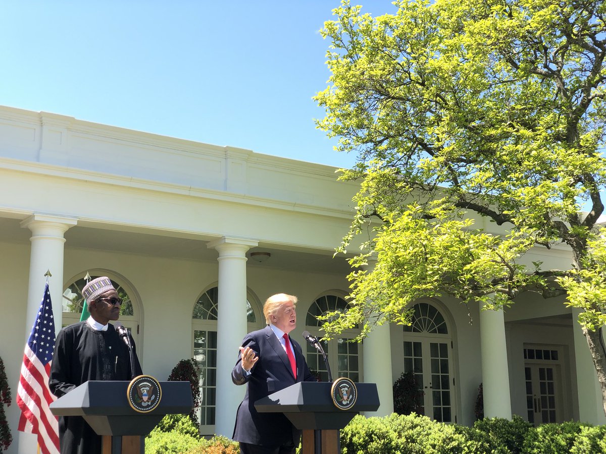 BashirAhmaad's tweet photo. I have great respect for you, Mr. President.. Nigeria is a great country, I will be visiting soon. – President @realDonaldTrump at a Joint Press Conference with President @MBuhari at the White House. #PMBinDC https://t.co/EH3obyrh9O
